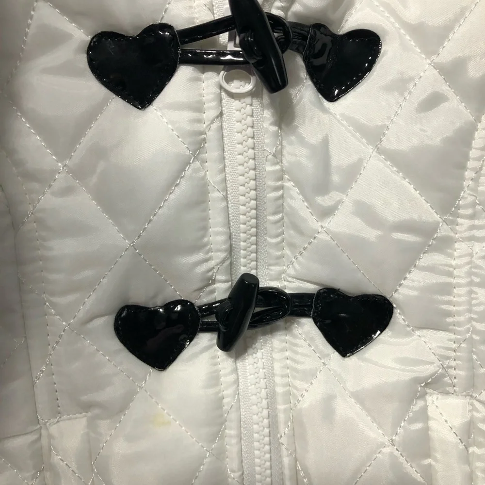 Satin flowers girls faux fur hooded white winter vest patent‎ closure heart sz 5